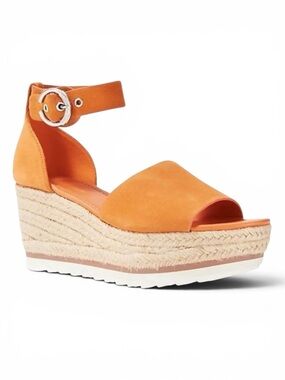 MARC FISHER ZARNA ORANGE SUEDE PLATFORM ANKLE STRAP ESPADRILLE WEDGE HEELS
